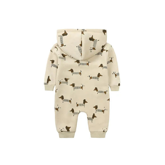 Baby Hooded Zipper Romper – Cute Cartoon Print