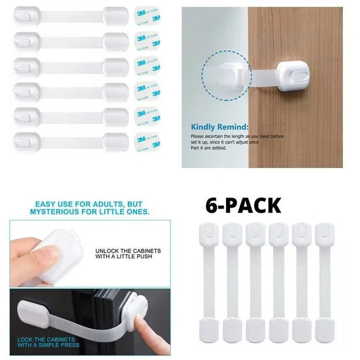 Set of child safety cabinet locks with packaging and usage instructions.