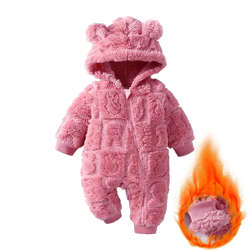 Baby Velvet Hooded Romper – Warm Cartoon Comfort