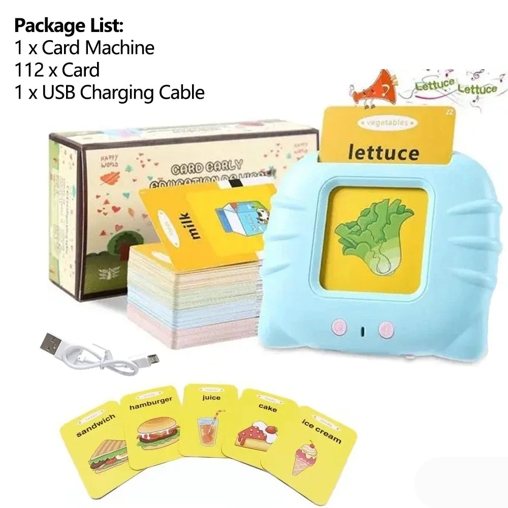 Educational card machine with cards and USB cable on a white background