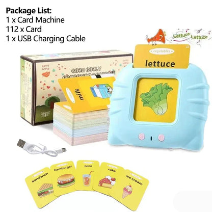 Educational card machine with cards and USB cable on a white background