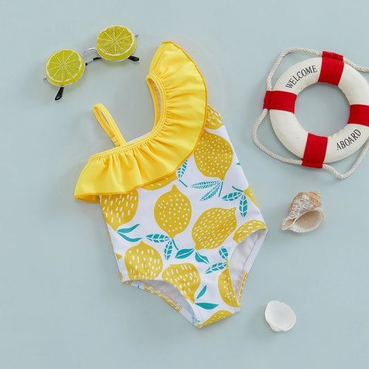 Baby Girls One-Shoulder Swimsuit – Lemon Print