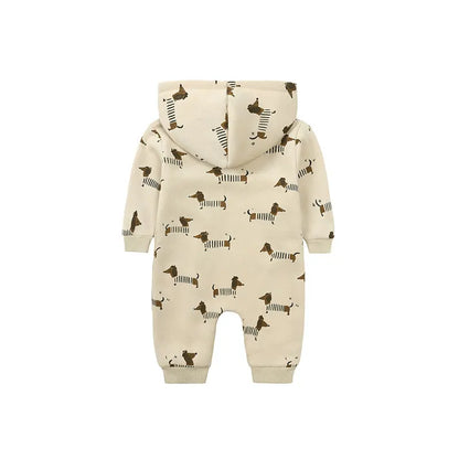 Baby Hooded Zipper Romper – Cute Cartoon Print
