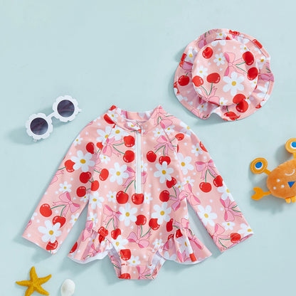 Baby Girls Floral Rash Guard with Hat – Zip Up