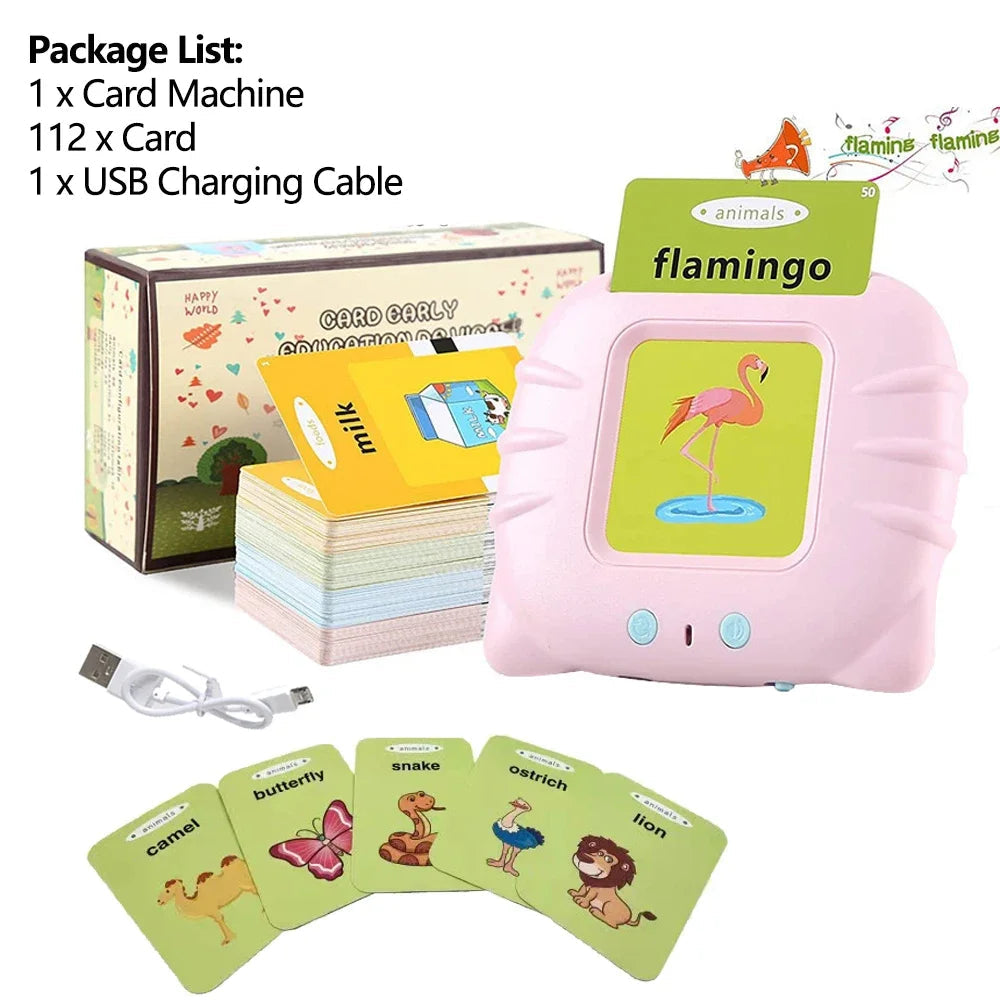 Educational card game set with card machine, cards, and USB charging cable on a white background