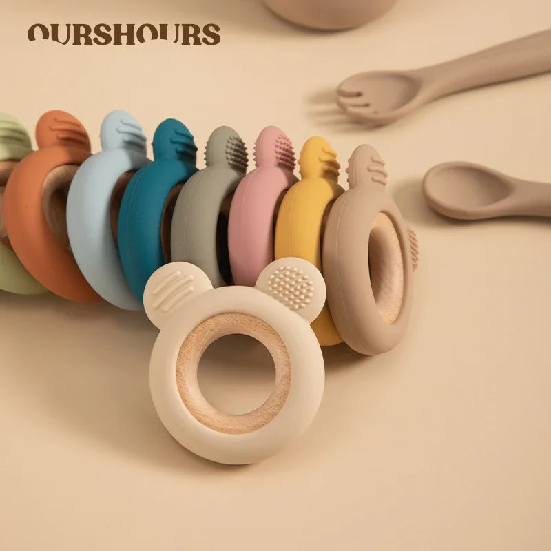 Baby Silicone Wood Teether Ring – Safe Soothing Chew Toy