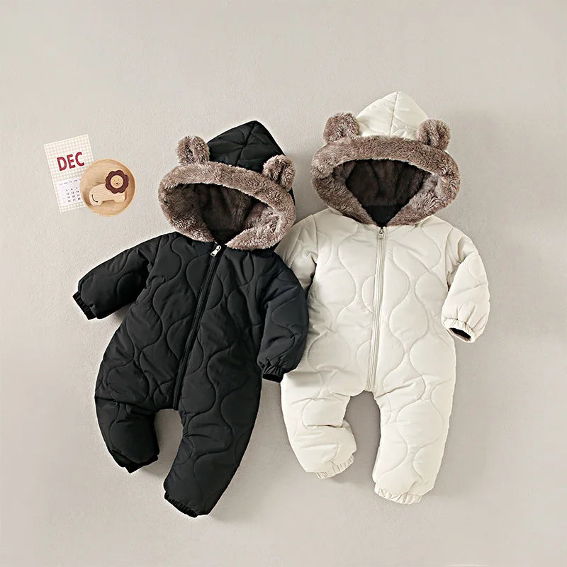 Baby Winter Jumpsuit Fur Lined Warm Cartoon Print