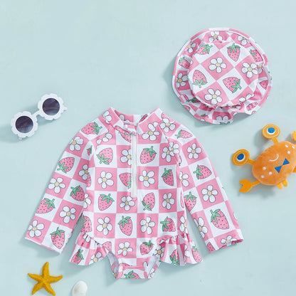 Baby Girls Floral Rash Guard with Hat – Zip Up