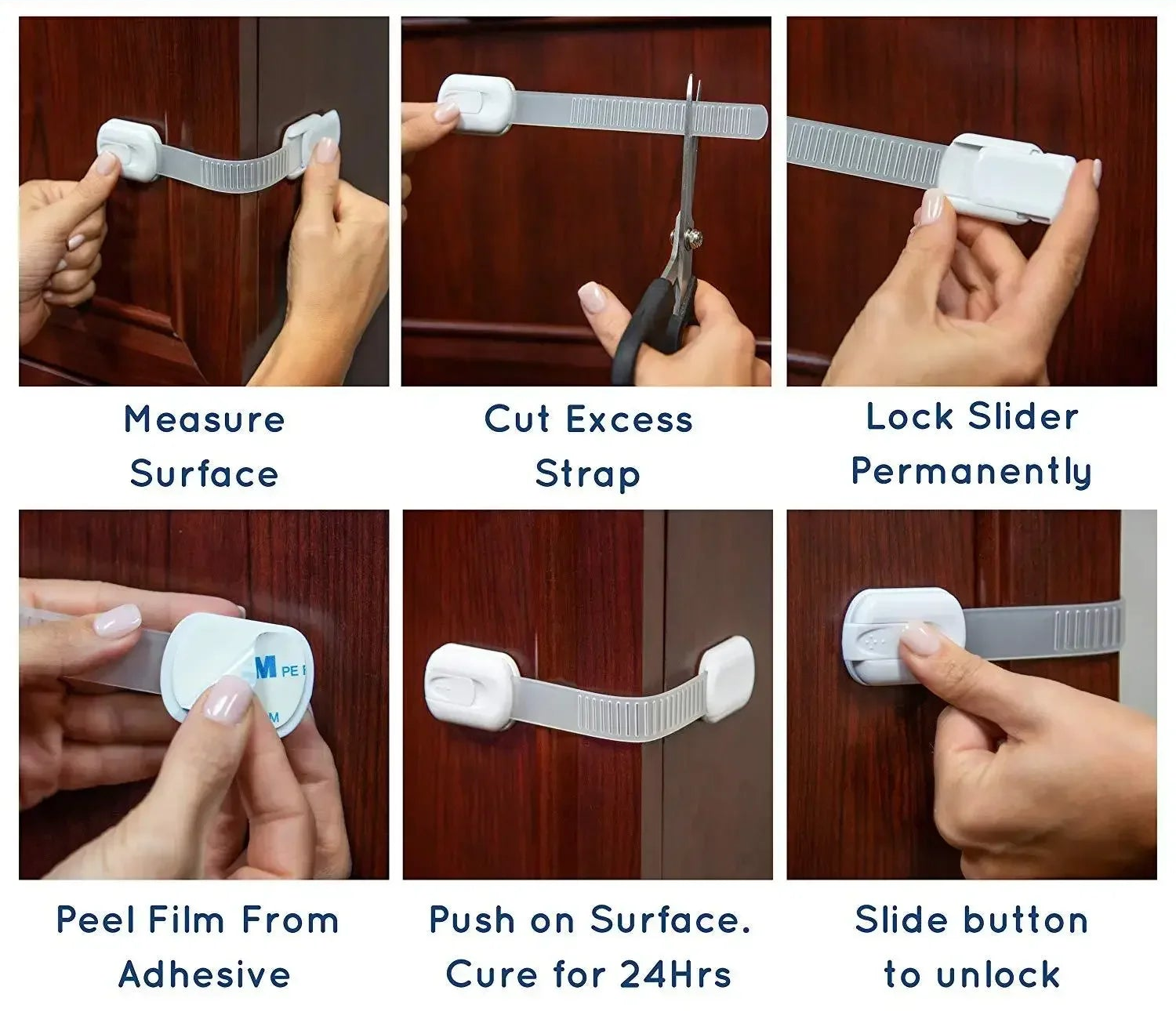 Step-by-step installation guide for a safety device on a wooden surface.
