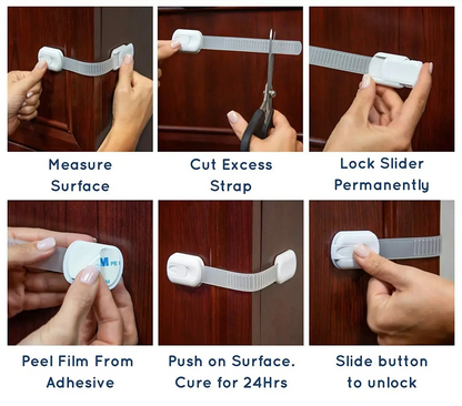 Step-by-step installation guide for a safety device on a wooden surface.