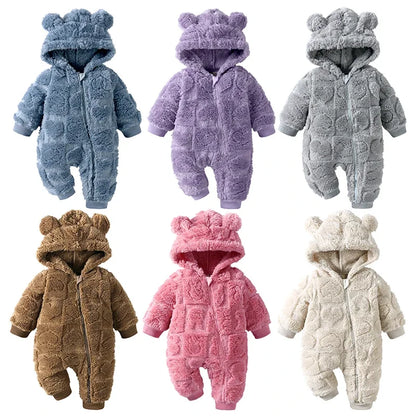 Baby Velvet Hooded Romper – Warm Cartoon Comfort