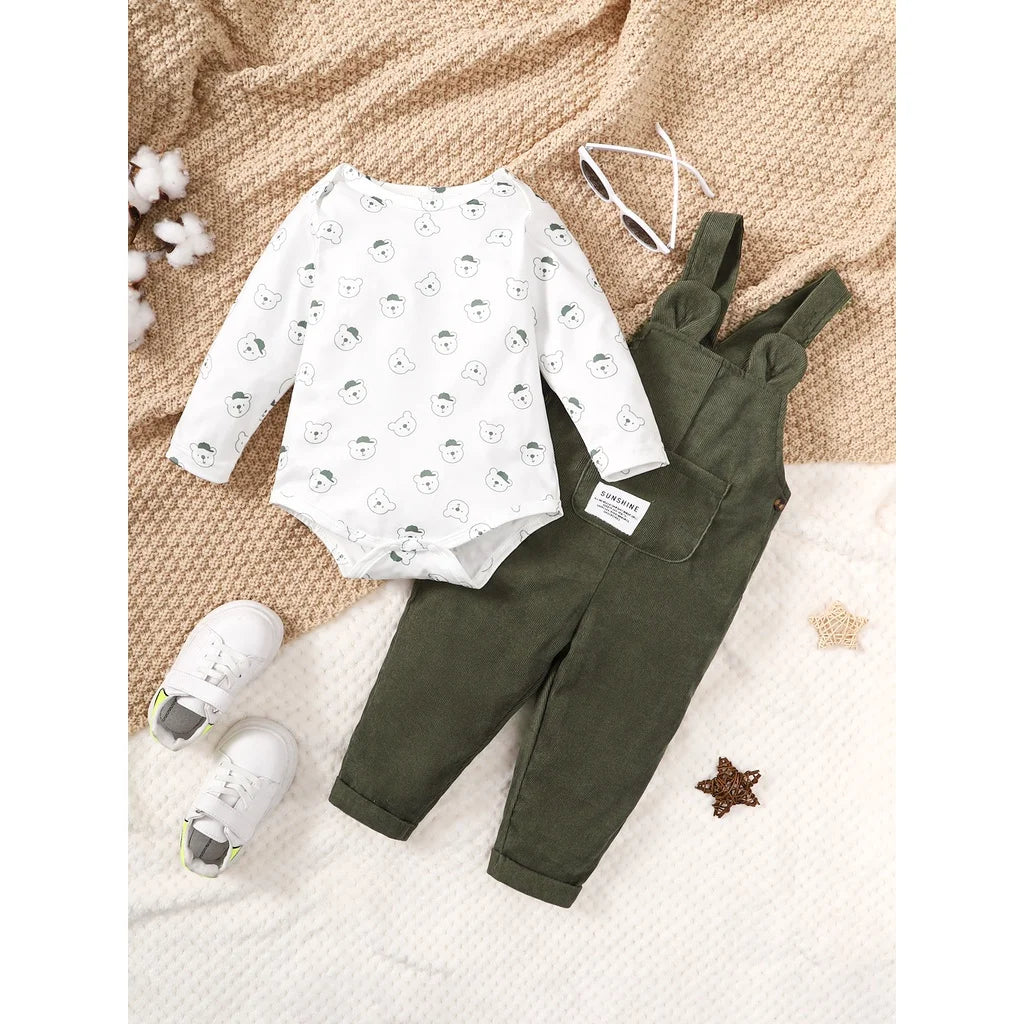 Bear Print Bodysuit & Overalls – Cozy Fall Comfort