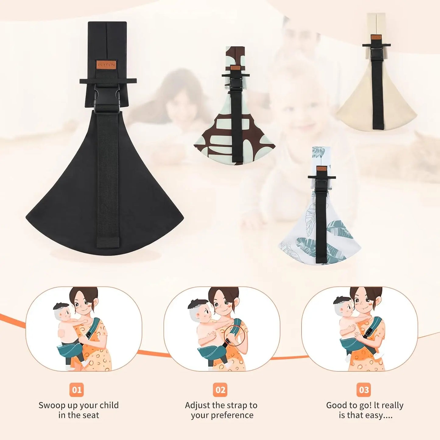 Adjustable baby carrier side sling lifestyle and fit detail