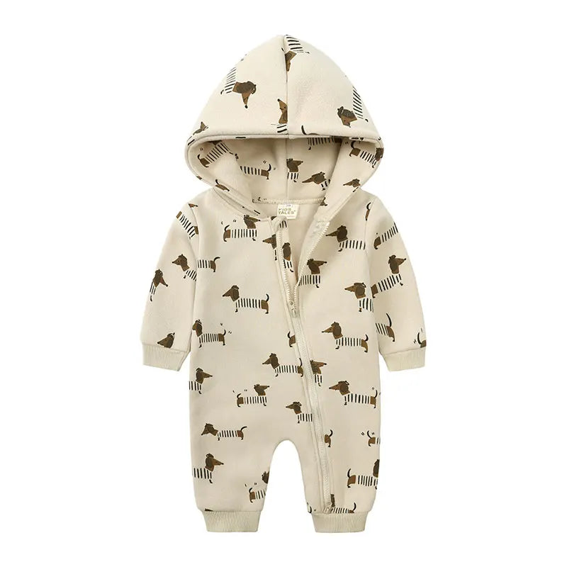 Baby Hooded Zipper Romper – Cute Cartoon Print