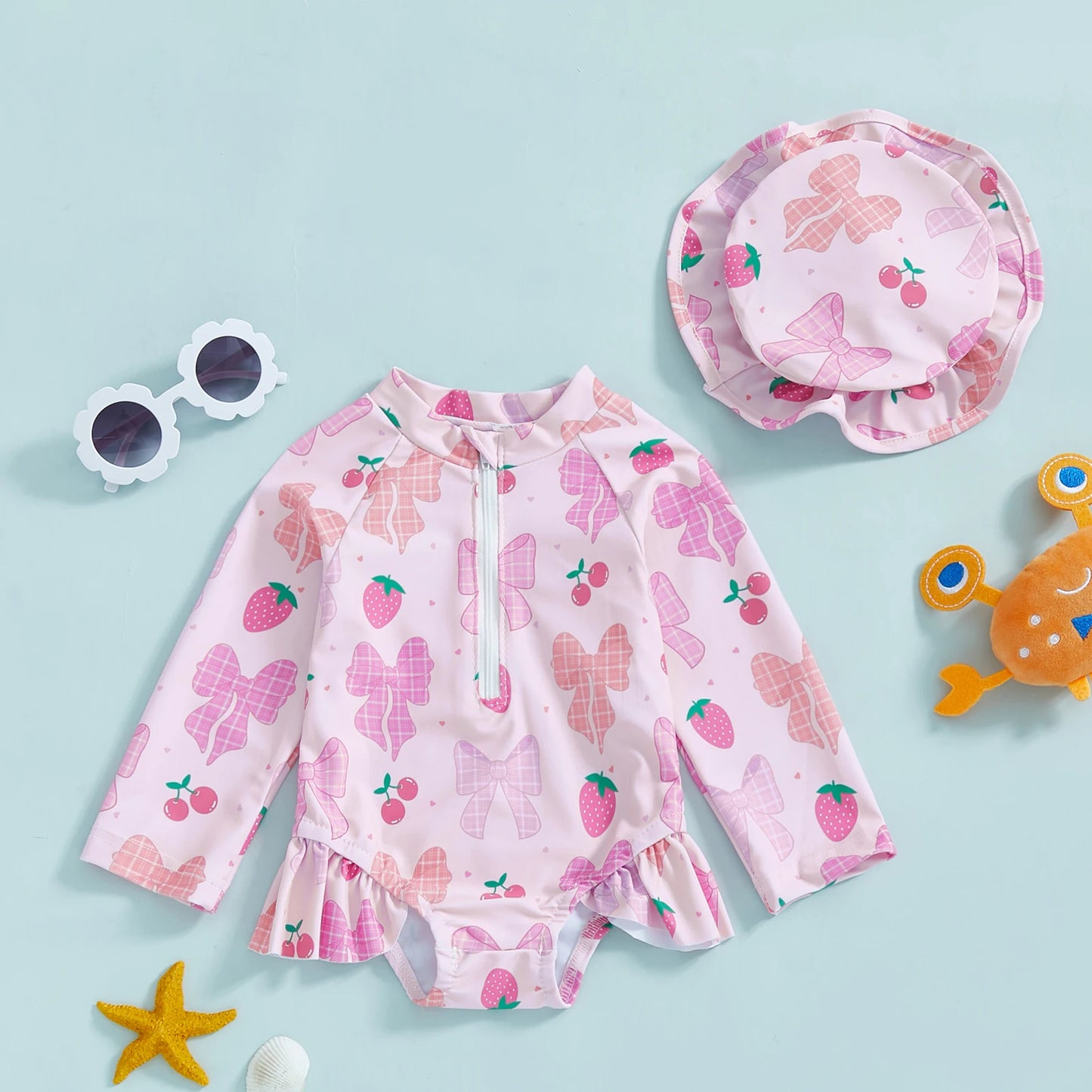 Baby Girls Floral Rash Guard with Hat – Zip Up