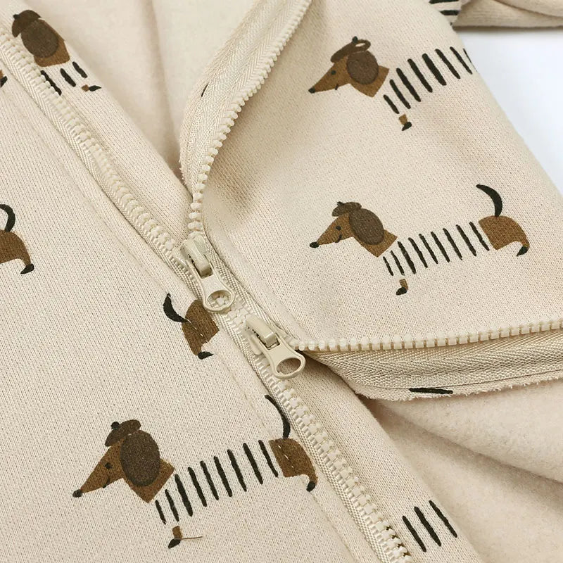 Baby Hooded Zipper Romper – Cute Cartoon Print