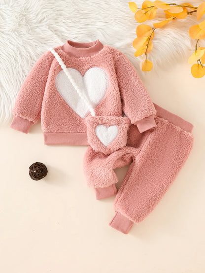 Baby Girl 3-Piece Outfit – Fuzzy Heart Set