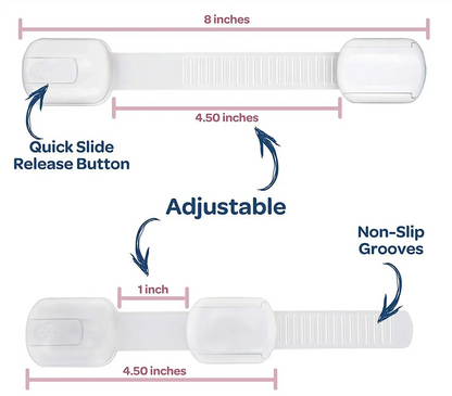 Measurement chart of a white strap with features labeled on a white background