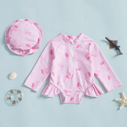 Baby Girls Floral Rash Guard with Hat – Zip Up