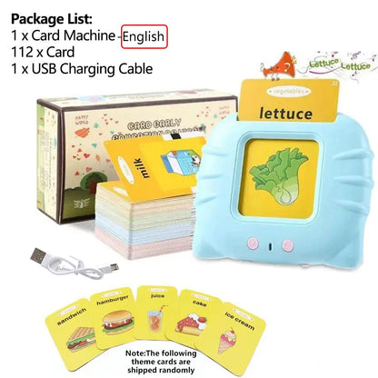 Educational card machine with cards and USB cable on a white background