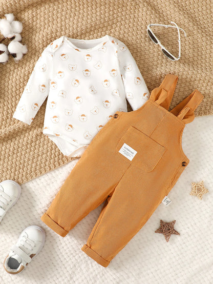 Bear Print Bodysuit & Overalls – Cozy Fall Comfort
