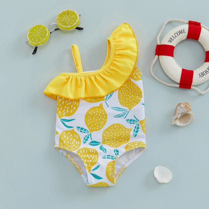 Baby Girls One-Shoulder Swimsuit – Lemon Print