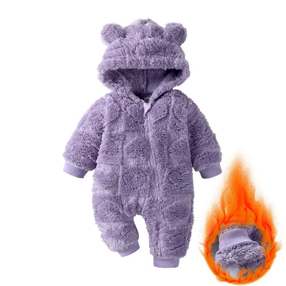 Baby Velvet Hooded Romper – Warm Cartoon Comfort