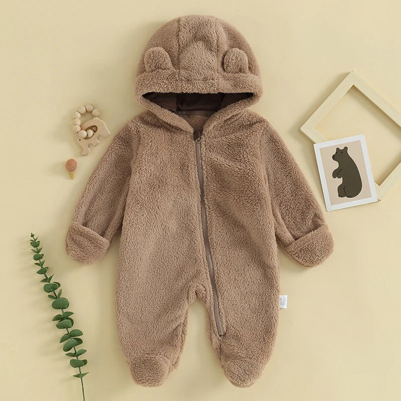 Baby Hooded Plush Romper – Warm Winter Comfort