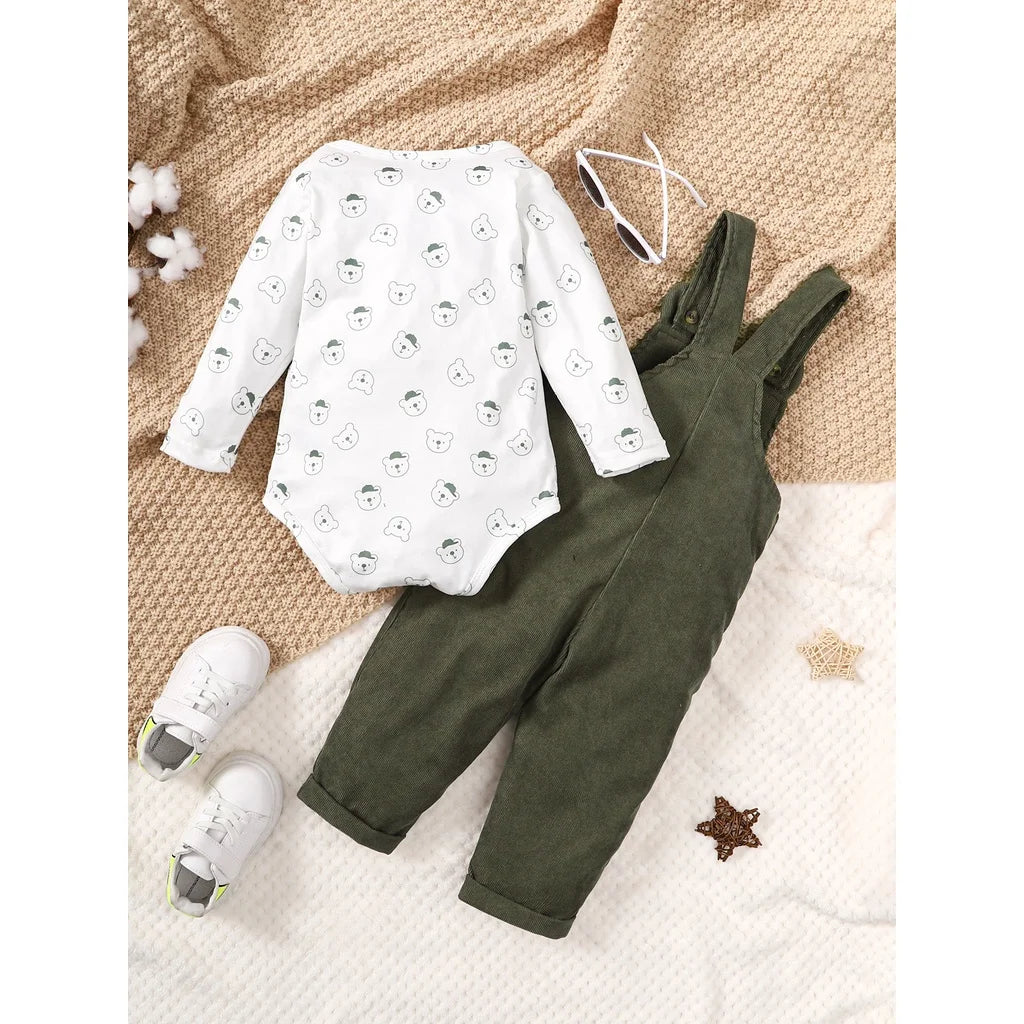 Bear Print Bodysuit & Overalls – Cozy Fall Comfort