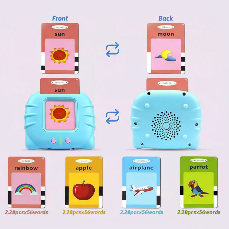 Educational toy with card holders and illustrations on a light purple background