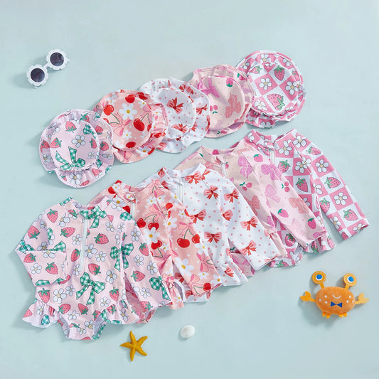 Baby Girls Floral Rash Guard with Hat – Zip Up