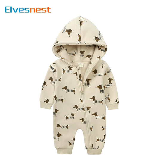 Baby Hooded Zipper Romper – Cute Cartoon Print