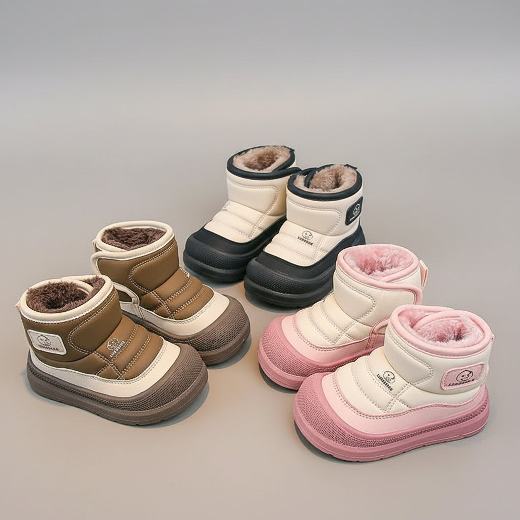 Set of children's winter boots in brown, black, and pink on a gray background
