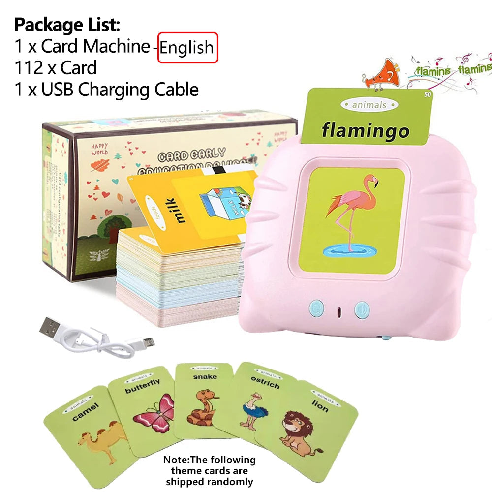 Educational card set with card machine, cards, and USB cable on a white background