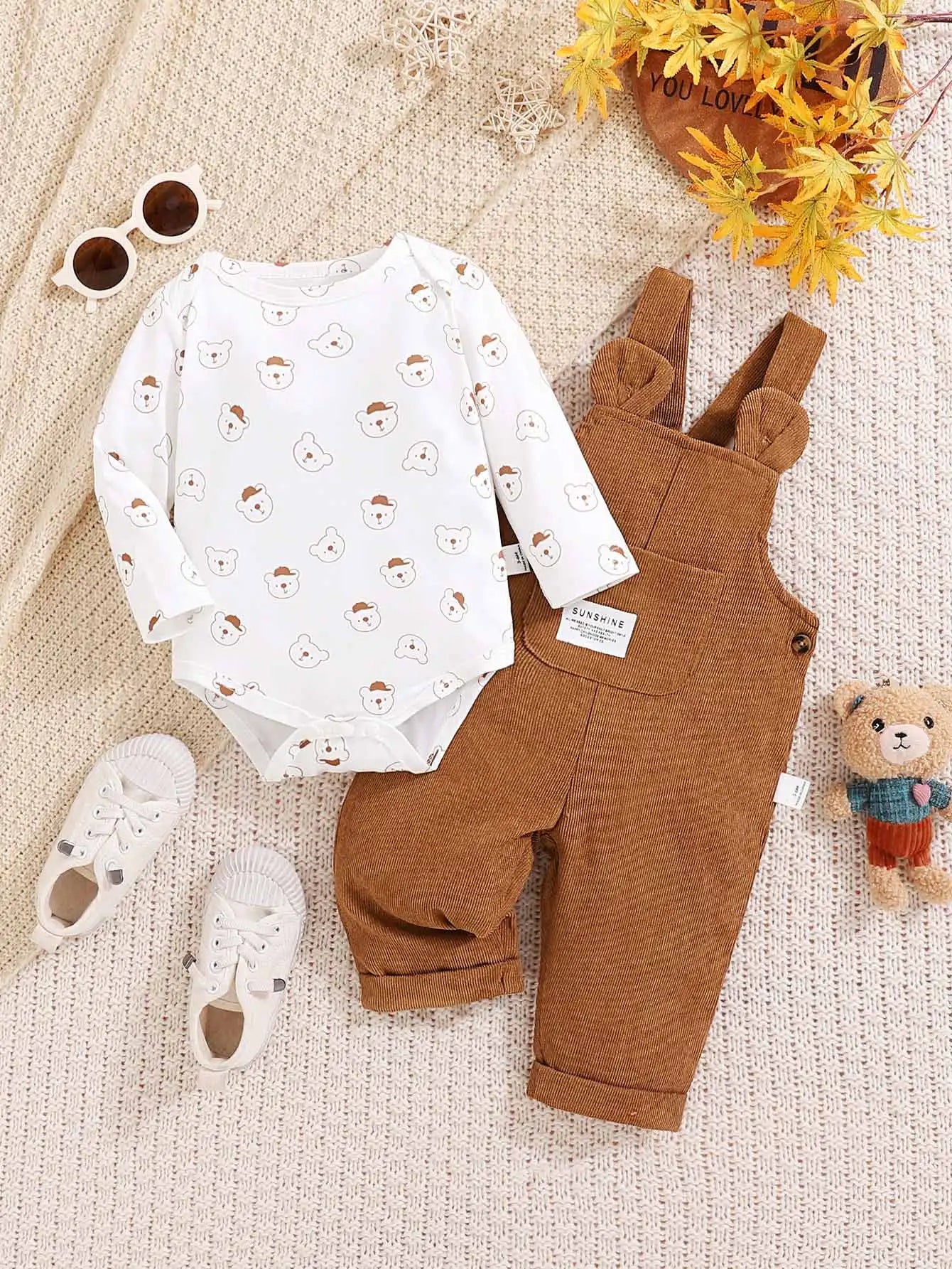 Bear Print Bodysuit & Overalls – Cozy Fall Comfort