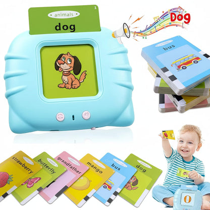 Educational toy with cards and a child using the toy