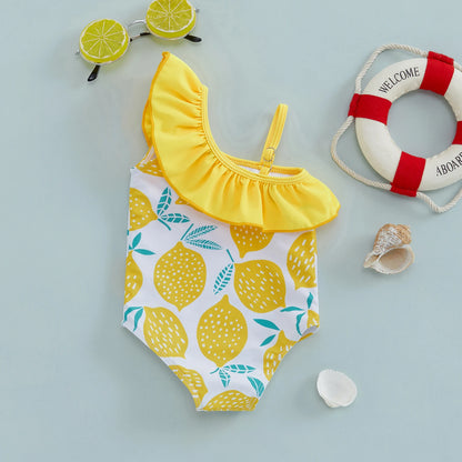 Baby Girls One-Shoulder Swimsuit – Lemon Print