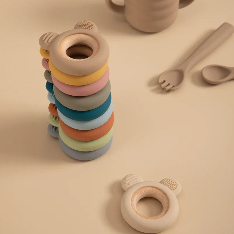 Baby Silicone Wood Teether Ring – Safe Soothing Chew Toy