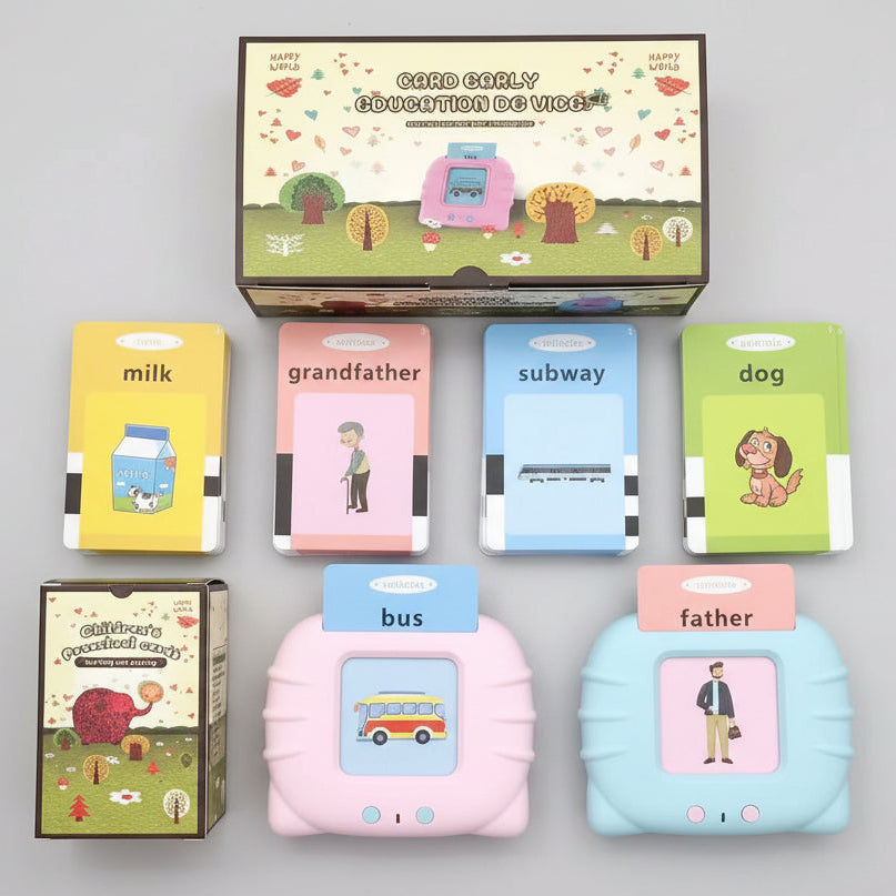 Collection of colorful educational flashcards on a decorative background