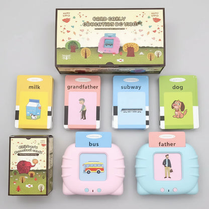 Collection of colorful educational flashcards on a decorative background