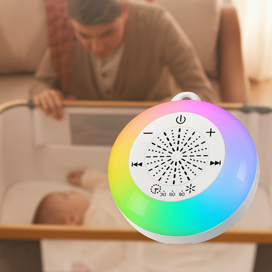 Colorful baby monitor with a blurred background of a man and child on a couch.